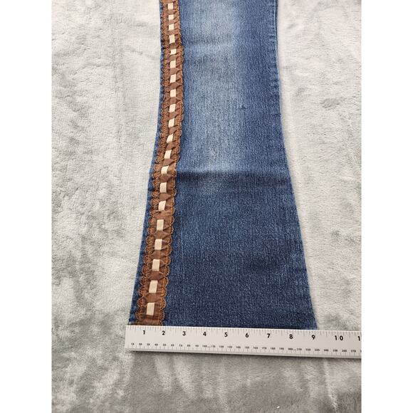 Vintage KUL USA Ribbon Lace Side Detail Mid Rise Flare Jeans Size 11 Blue Brown - Picture 13 of 14